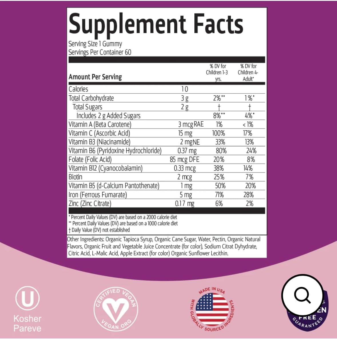 beBloomie Vegan Multivitamin & Iron for Kids - Daily Nutritional Support Gummies w/Ferrous Fumarate B-Complex, Vitamin C, Zinc, Biotin - Body Function & Anemia - Strawberry