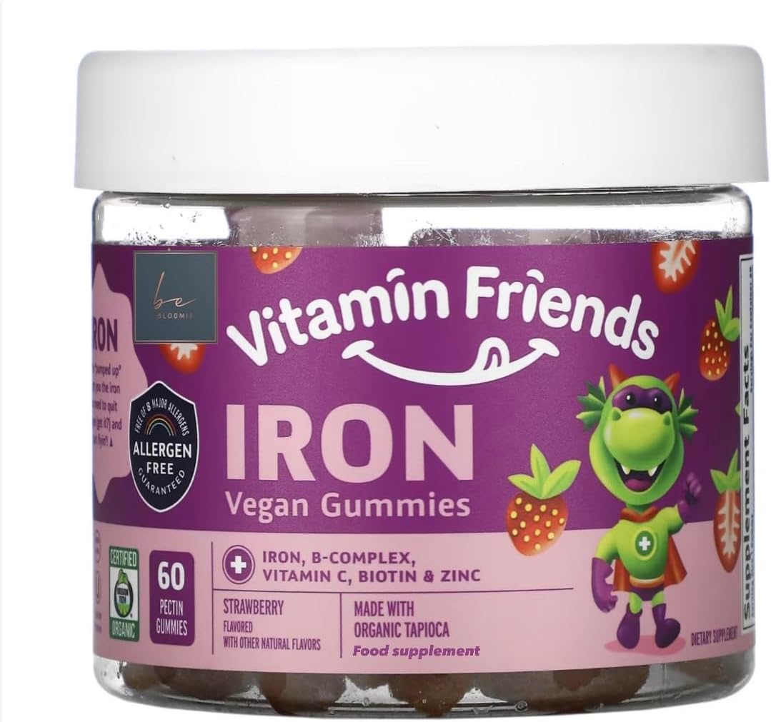 beBloomie Vegan Multivitamin & Iron for Kids - Daily Nutritional Support Gummies w/Ferrous Fumarate B-Complex, Vitamin C, Zinc, Biotin - Body Function & Anemia - Strawberry