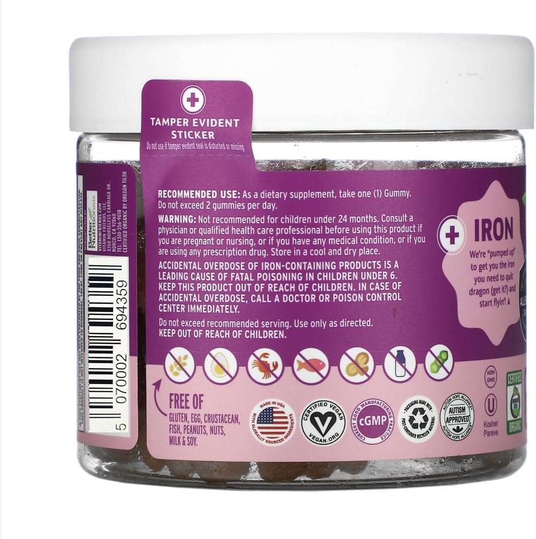 beBloomie Vegan Multivitamin & Iron for Kids - Daily Nutritional Support Gummies w/Ferrous Fumarate B-Complex, Vitamin C, Zinc, Biotin - Body Function & Anemia - Strawberry